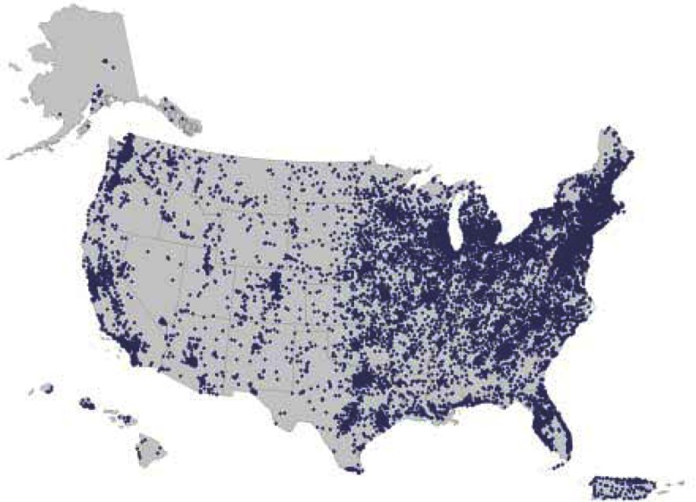 Map of the USA marking sites of residence of the participants at enrollment.