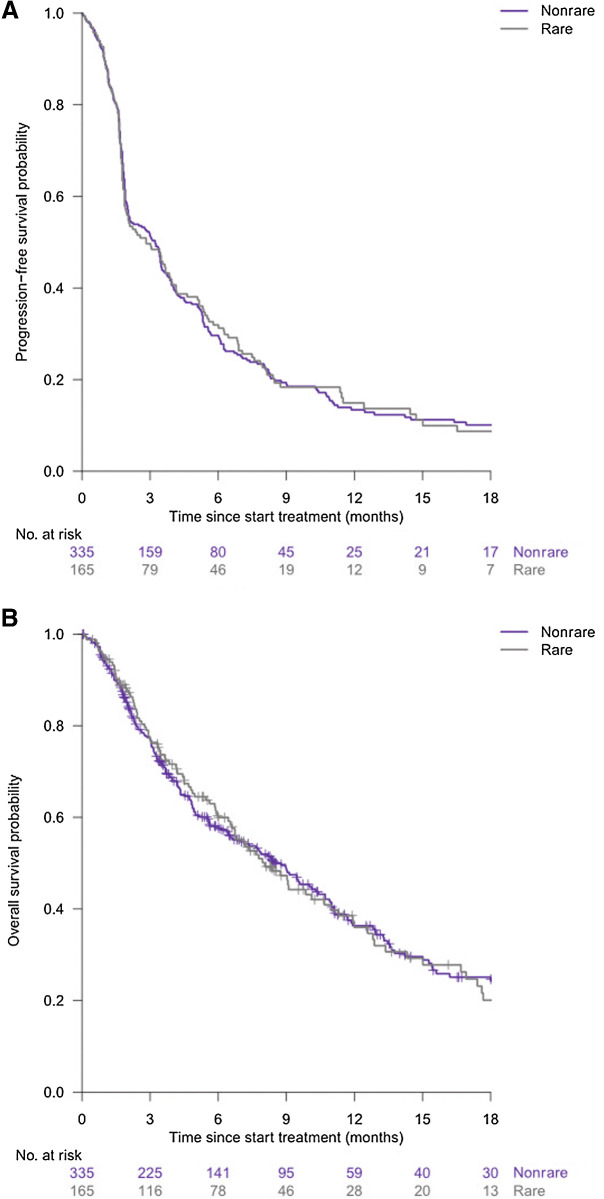 Figure 5. Progression-free survival (A) and overall survival curves (B) (rare versus nonrare cancers).