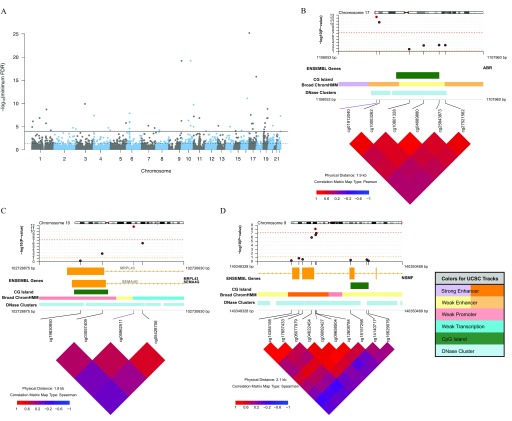 Figure 4A is a Manhattan plot plotting log sub 10 values (minimum FDR values) (y-axis) across chromosomes (x-axis). Figures 4B, 4C, and 4D are coMET plots of Chromosomes 17, 10, and 9, respectively.