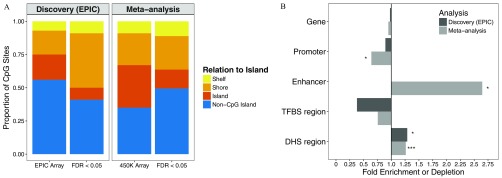 Figure 5A comprises two graphs, namely, Discovery (EPIC) and Meta-analysis (450 K), plotting proportion of CpG Sites (y-axis), ranging between 0.00 and 1.00, across EPIC Array and FDR less than 0.05 and 450 K array and FDR less than 0.05 (x-axis), respectively, for relation to island comprising shelf, shore, island, and non-CpG island. Figure 5B is a graph plotting gene, promoter, enhancer, TFBS region, and DHS region (y-axis) across fold enrichment or depletion (x-axis), ranging between 0.2 and 2.5, for analysis comprising discovery and meta-analysis.