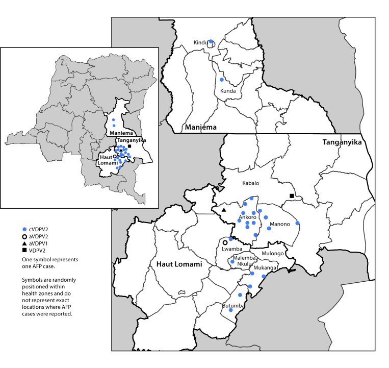 The figure above a map of Democratic Republic of the Congo showing the geographic distribution of reported cases of vaccine-derived poliovirus, by province and health zone in 2017, as of March 8, 2018.