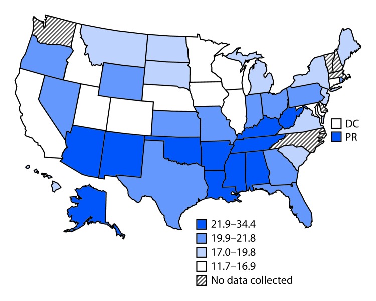 The figure is a map of the United States showing the adjusted percentage of informal, unpaid caregivers reporting fair or poor health during 2015–2017, by state, based on data from the Behavioral Risk Factor Surveillance System.