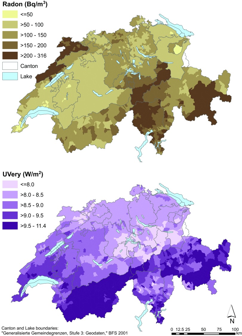 Map of Switzerland indicating exposure levels.