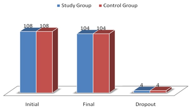 Fig. 1: Showing the distribution of the study subjects into different groups and the number of drop outs during the course of the study