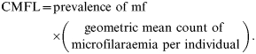 \hskip-2\eqalign{ {\rm CMFL }\equals \tab {\rm prevalence}\ {\rm of}\ {\rm mf} \cr \tab{\hskip-2.5\times\hskip-2.5 \left( {\openup-5\eqalign{\tab\quad{\rm geometric}\ {\rm mean}\ {\rm count}\ {\rm of} \cr\tab {\rm microfilaraemia}\ {\rm per}\ {\rm individual}}}\right)}.