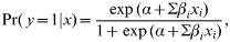 {\rm Pr\lpar }\hskip2 y \equals 1\vert x\rpar \equals {{{\exp {}} \lpar \alpha \plus \rmSigma \beta_{i} x_{i} \rpar } \over {1 \plus \exp {}}\lpar \alpha \plus \rmSigma \beta_{i} x_{i} \rpar }}\comma