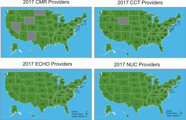 Cardiovascular MRI (CMR), CT (CCT), echocardiography (ECHO), and nuclear (NUC) imaging providers per state in 2017.