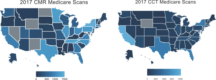 Cardiovascular MRI (CMR) and CT (CCT) examinations per state in 2017.