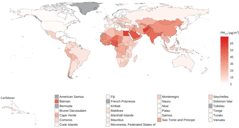 Global map of mean annual PM2.5 levels, 2019