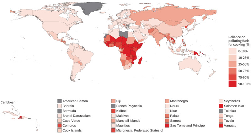 Global map of population relying on polluting cooking fuels, 2021