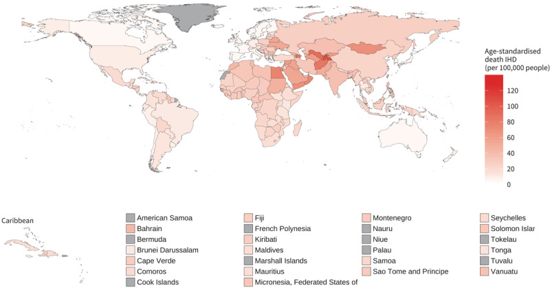 Global map of IHD mortality from ambient air pollution, 2019