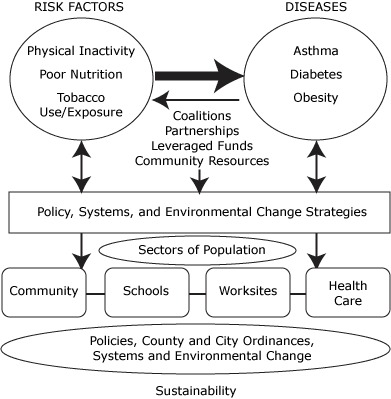 Model The Steps model depicts the association between Steps risk factors and chronic disease focus; use of community coalitions, partnerships, leveraged funds, and resources; implementation of policy, systems, and environmental (PSE) change strategies across all sectors of the population that lead to policies, county and city ordinances, and changes at the systems and environmental level to create sustainable change.