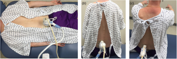 Experimental setup for the shear modulus measurement of multifidus muscle with the transducer located lateral to the spinous processes and angled medially at prone (a), sitting up (b), and sitting up with the arms lifted in a horizontal position (c)