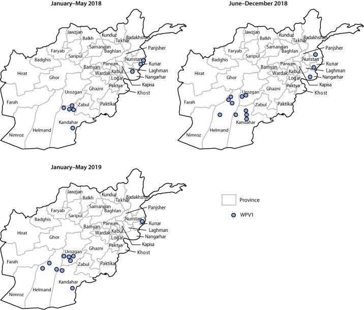 The figure consists of three maps of Afghanistan showing the location of wild poliovirus 1 cases, by province, during January 2018–May 2019.