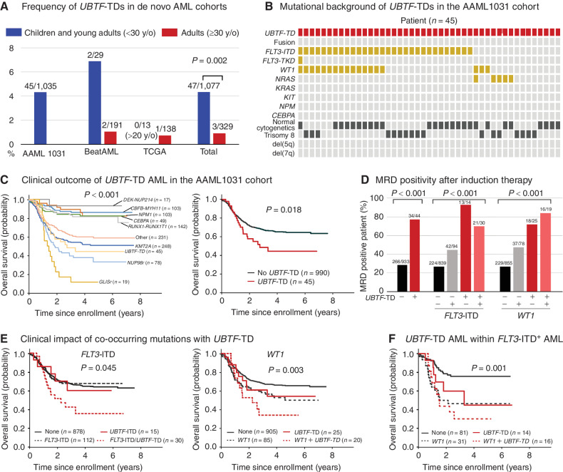 Figure 4. Prevalence and clinical outcome of UBTF-TDs in de novo AML cohorts. A, Frequencies of UBTF-TDs in published de novo AML cohorts in Supplementary Table S25. Statistical significance was calculated between the total pediatric and adult cohorts by Fisher exact test. B, Cytogenetic and genetic background of UBTF-TD cases in the AAML1031 cohort. C, Clinical outcomes of UBTF-TD cases and AML with major molecular features in the AAML1031 cohort. D, Minimal residual disease (MRD) positivity of UBTF-TD case with cooperating mutations of FLT3-ITD or WT1. E, Clinical outcomes of UBTF-TD cases with cooperating mutations of FLT3-ITD or WT1. F, Subgroup analysis of outcomes of UBTF-TDs with or without WT1 mutations within FLT3+ AMLs. In C, E, and F, the statistical significance of variables was tested with the log-rank test. In D, the statistical significance was calculated by Pearson χ2 test.