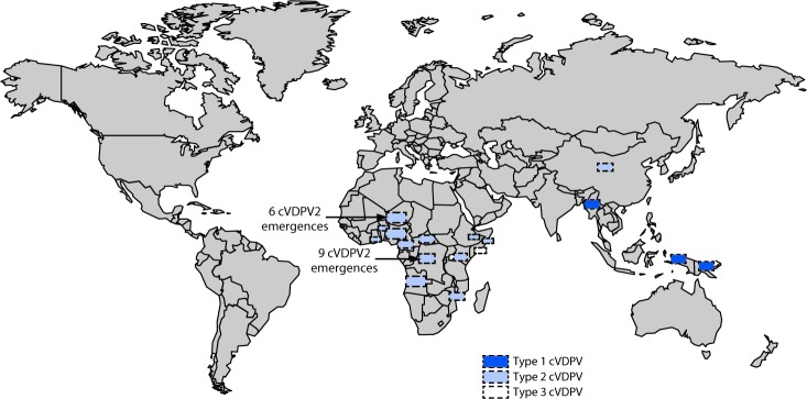 The figure is a map of the world indicating the location of circulating vaccine-derived poliovirus outbreaks during January 2018–June 2019.