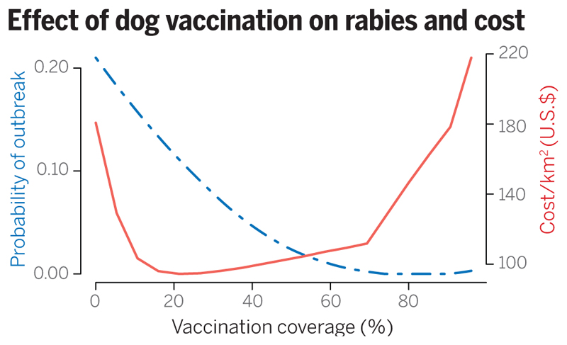 Impact of dog vaccination coverage on rabies outbreak probability and cost.