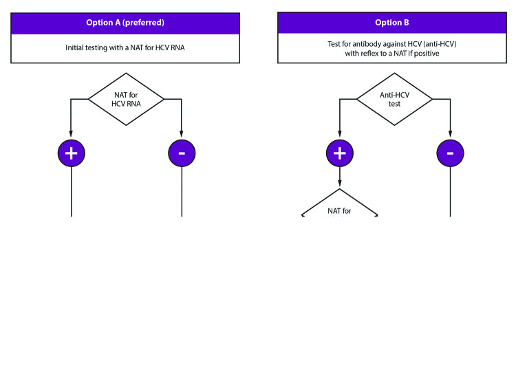 Figure is a flow diagram for testing of source patients after potential exposure of health care personnel to hepatitis C virus. The flow diagram reflects 2020 CDC guidance for the United States. Two options for testing of the source patient are presented. Option A, which is preferred, is to test with a nucleic acid test for hepatitis C virus RNA. Option B is to test for anti-hepatitis C virus with reflex to a nucleic acid test if positive. A source patient found to be positive for hepatitis C virus RNA should be referred to care.