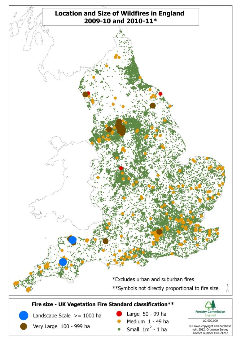 Location and size of Wildfires in England FY 2009/10 – 2010/11