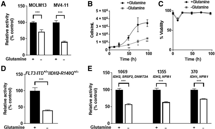 Figure 4. FLT3-ITD+ AML cells are dependent on glutamine for growth in vitro and ex vivo. A, MOLM13 and MV4–11 cells were cultured in glutamine-replete or –deplete media for 72 hours (MTT assay, n = 6 replicates; error bars, SD). Data were normalized to +glutamine t = 72. B and C, Cell growth and viability assays of MOLM13 cells grown in glutamine-replete or –deplete media up to 96 hours (Trypan blue exclusion assay, n = 3 replicates; error bars, SD). D and E, Murine (D) and human primary AML cells (E) with the indicated IDH1/2 mutations were cultured in media supplemented with GlutaMax or in glutamine-free media for 72 hours. ATP levels were measured by CellTiter-Glo assay (n = 5–6 replicates; error bars, SD). Data were normalized to +glutamine t = 72. P values are from two-tailed, unpaired t tests. *, P < 0.05; **, P < 0.01; ***, P < 0.001.