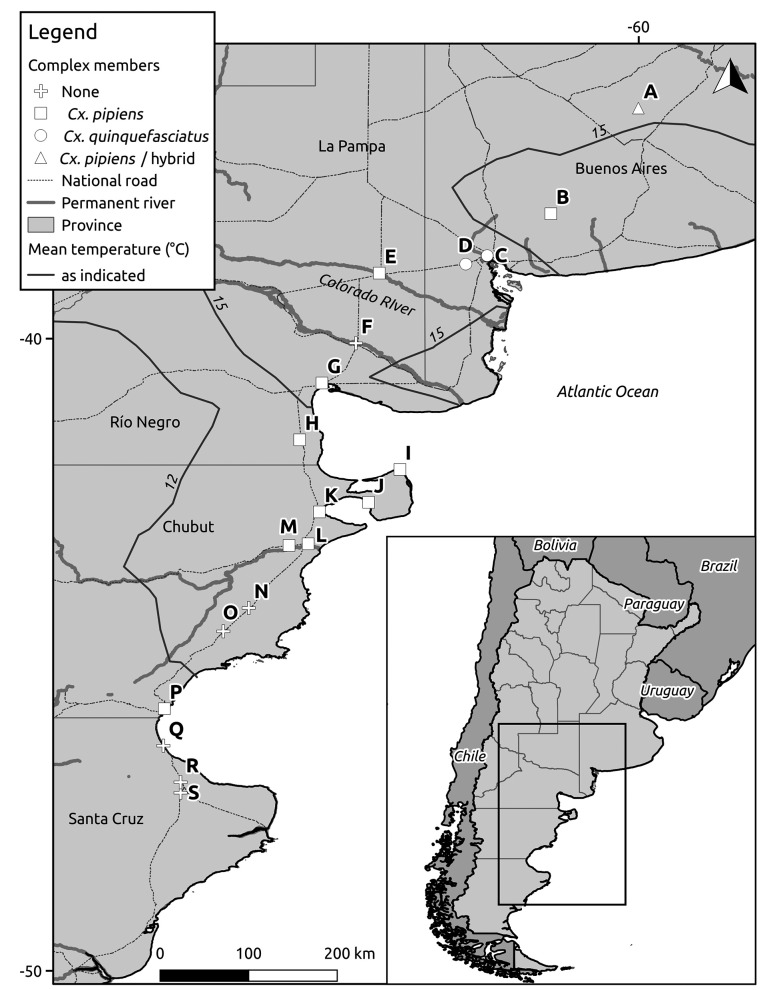 Occurrence of the members of the Culex pipiens complex in southeast Argentina. Letters indicate sampling locations, see Table for details.