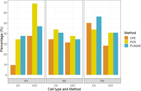 The image shows three bar graphs comparing percentages of positive results for different cell types (E6 and VAT) and methods (CPE, PCR, Plaque) across three passages (P1, P2, P3).