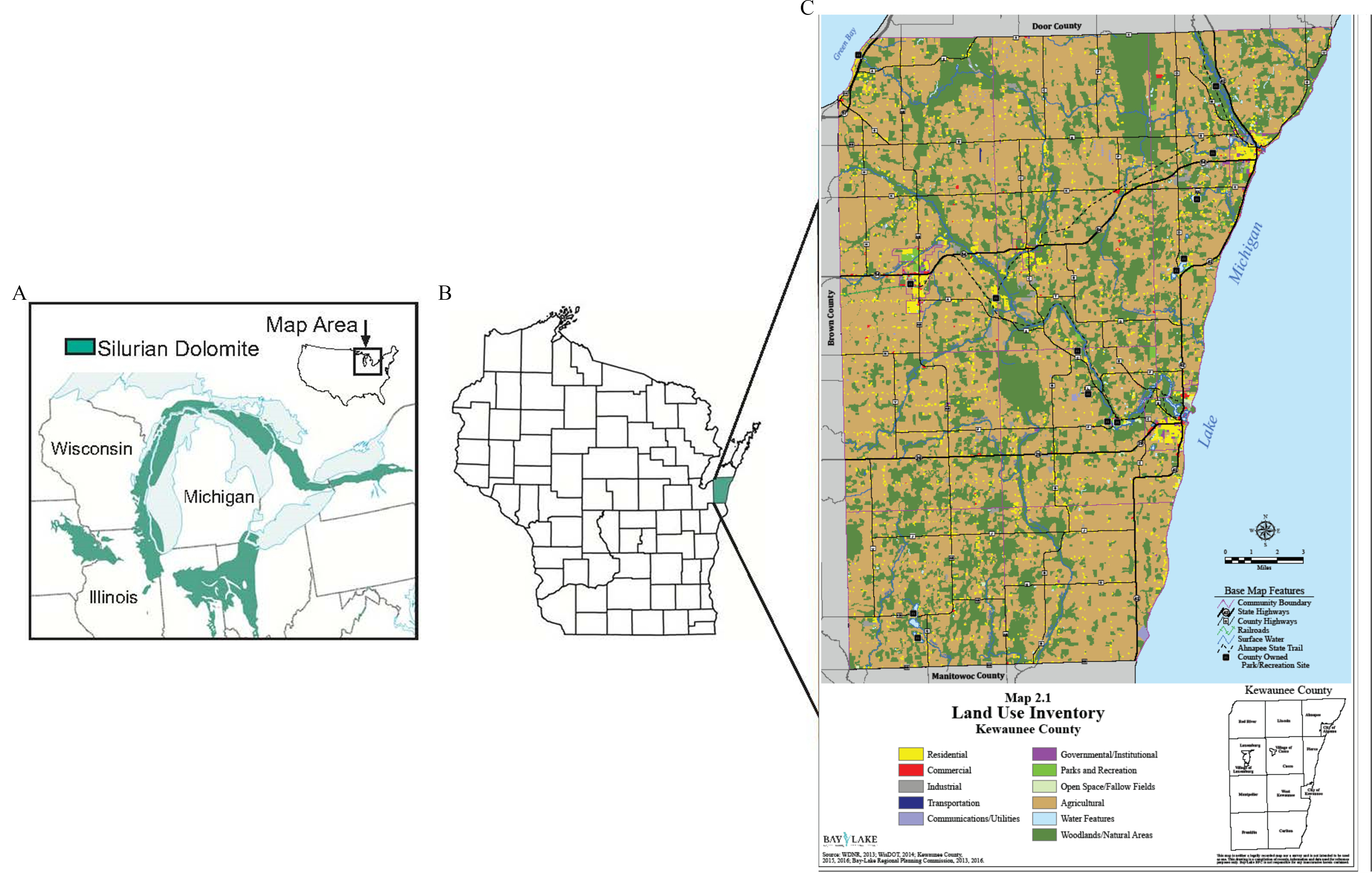 Figure 1A is a part of the map of United States depicting Wisconsin, Michigan, and Illinois counties and plotting generalized Silurian dolomite subcrop. Figure 1B is a part of the map of United States depicting location of Kewaunee County, Wisconsin, United States. Figure 1C is an expanded view of the Kewaunee County, Wisconsin, United States, plotting the following: Residential, Commercial, Industrial, Transportation, Communications or Utilities, Governmental or Institutional, Parks and Recreation, Open space or Fallow fields, Agricultural, Water features, and Woodlands or Natural Areas. To the right, there is a scale, ranging from 0 to 3 in unit increments and Base map features, namely, community boundary, state highways, county highways, railroads, surface water, Ahnapee state trail, and county owned park or recreation site.