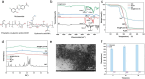 (a) Chemical structures of niclosamide, poly(lactic-co-glycolic acid)-COOH, and hyaluronic acid-NH2. (b) FTIR spectra comparing NIC@PLGA-HA, HA, PLGA, and NIC. (c) TGA graph showing weight loss of NIC, PLGA, HA, and NIC@PLGA-HA with temperature. (d) XRD patterns for NIC, PLGA, HA, and NIC@PLGA-HA. (e) TEM image of NIC@PLGA-HA nanoparticles, scale bar 1 micrometer. (f) Bar graph showing nanoparticle diameter and zeta potential over time, with diameter in blue and zeta in purple.