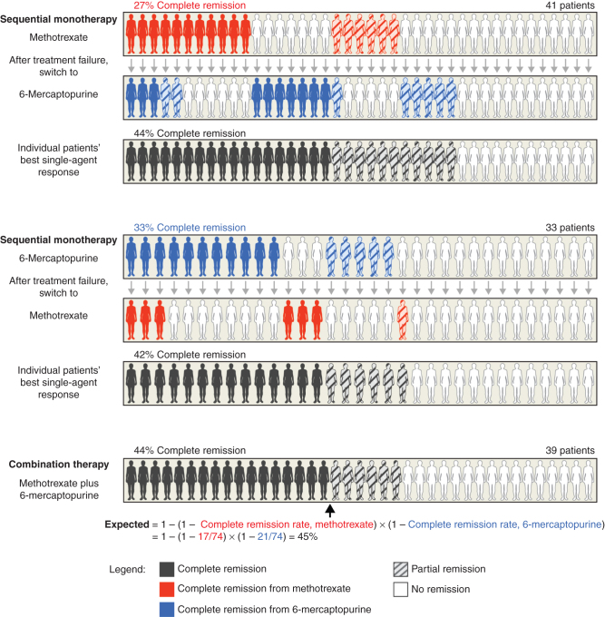 Figure 1. The earliest clinical trials of combination cancer therapy found that therapeutic benefit was due to independent drug action. Clinical trials of drug combinations for ALL repeatedly observed that a model of independent drug action could accurately explain the superior remission rates achieved by drug combinations (45, 56). In this example from 1961, trial arms evaluating sequential monotherapy found that MTX and 6MP were not cross-resistant (no correlation in response), and that the proportion of patients experiencing a complete remission was identical whether the drugs were given sequentially or concurrently in a combination. Furthermore, the complete remission rate of the combination therapy was consistent with that expected from independent drug action.