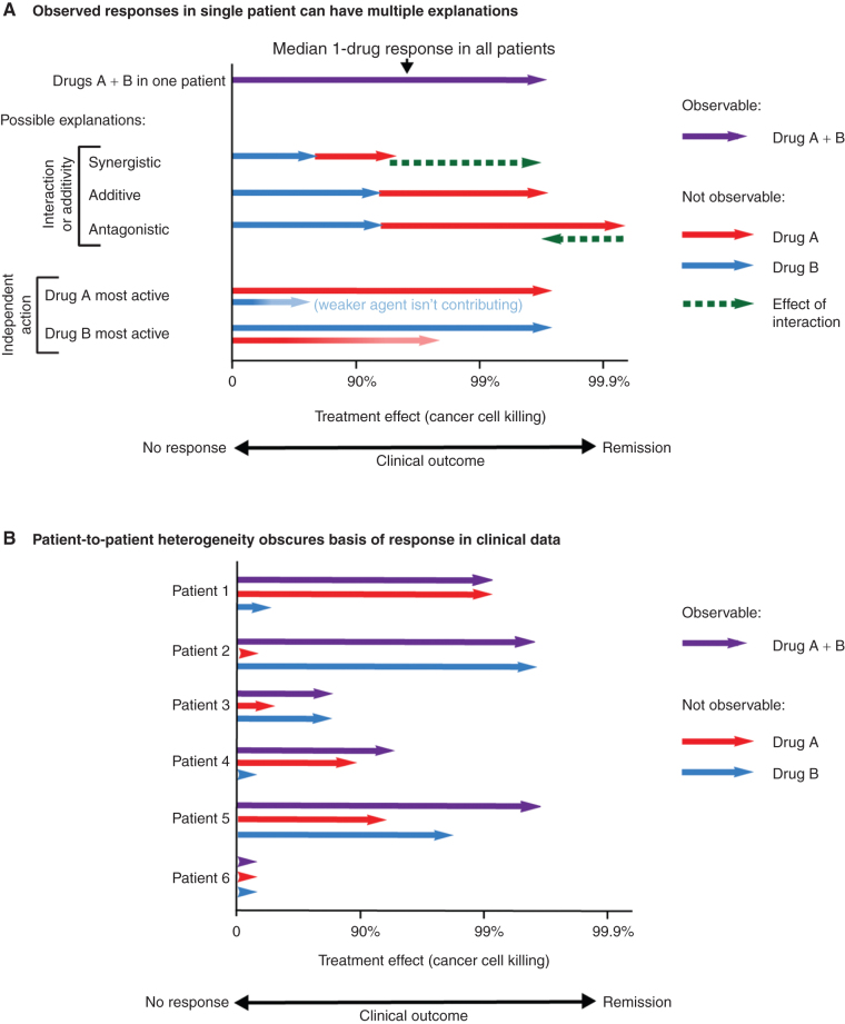 Figure 2. The basis for combinatorial efficacy is difficult to discern in clinical trial data because of patient heterogeneity in single-drug response. A, Clinical benefit from combination therapy can be mediated both by high single-agent efficacy (enabling many log-kills of tumor cells) and by combined effects that could be affected by positive or negative pharmacologic interactions (additive, synergistic, or antagonistic). The observation that a combination response in a single patient is superior to the population median single-drug response could therefore have multiple possible explanations. B, Patient responses to a single therapy are heterogeneous across a population. Variation in drug response among patients makes it challenging to understand the precise nature of drug interaction across a population. It is therefore necessary to formulate appropriate null models and then determine whether the data in aggregate exceed the predictions of the null model. Note that this scenario is purely illustrative because current technology does not make it possible to observe single-drug effects in individual patients who are treated with combination therapy.