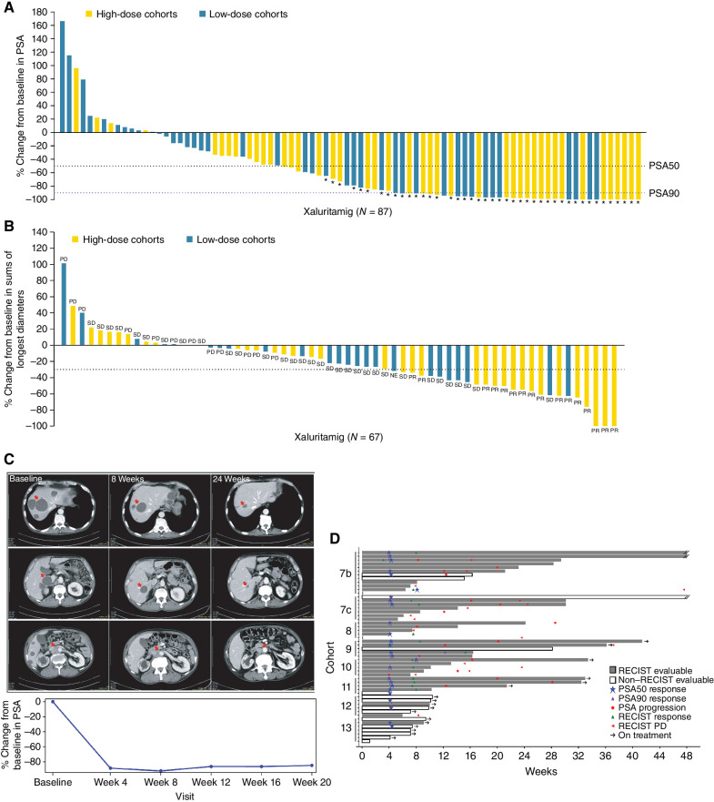 Figure 3. Clinical activity of xaluritamig in evaluable patients. A, Best PSA percentage change from baseline. Asterisk indicates confirmed PSA responders, and dashed lines indicate PSA50 and PSA90 declines. B, Best percentage change in size of tumor target lesions. Dashed line indicates 30% reduction in tumor SLD from baseline. C, Example of patient showing response by PSA and radiographic assessments: CT scan and PSA curve over time of a heavily pretreated 65-year-old patient with stage IV prostate adenocarcinoma. Patient was enrolled into Cohort 11 (3-step 1.5 mg target dose of xaluritamig). CT scans showed three target lesions (two liver, one lymph node) and multiple nontarget lesions in the liver as well as two lymph nodes during screening. Patient achieved 99% PSA decline from baseline on C7D1 and PR (37.3% reduction of target lesions) after 2 cycles, which was confirmed at 16 weeks and maintained after 24 weeks. AEs occurred during C1 of treatment and included recurrent CRS, tinea faciei (both grade 1), rash, and worsening of back pain (both grade 2). During further treatment cycles, rash (grade 1), myalgia, and hyperkalemia (both grade 2) were reported. Patient remains on treatment at the time of publication. Red arrows indicate sites of tumor. D, Time on treatment for patients in high-dose cohorts. PSA and RECIST responses [RECIST evaluable (gray bars) and non–RECIST evaluable (white bars)] are presented for patients in high-dose cohorts. Patients whose treatment was ongoing are noted by an arrowhead. Double parallel lines (//) represent patients who have extended beyond 48 weeks: one patient is ongoing treatment at 90 weeks, one is ongoing treatment at 84 weeks, and one ended treatment at 58 weeks. NE, not evaluable; PD, progressive disease; SD, stable disease; SLD, sum of longest diameters.