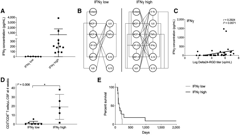 Figure 9. The degree of inflammatory response is correlated with survival. In a subset of patients, termed IFNγ-high, CSF IFNγ levels rose above 50 pg/mL at 2 to 4 weeks after treatment (A). In these patients, almost all measured cytokines and chemokines are significantly correlated and increased. Significant correlated cytokines/chemokines are connected with a straight line (P < 0.05) or with a dotted line (P < 0.001; B). The levels of IFNγ are not significantly correlated with levels of Delta24-RGD (C). The IFNγ-high group also revealed higher CD8+ T cells numbers in CSF compared with IFNγ-low group (D). Kaplan–Meier survival curve of treated patients separated into IFNγ-high and IFNγ-low groups. Both long-term surviving patients (nos. 15 and 16) belong to the IFNγ-high group (E, black line).