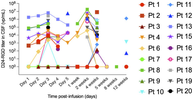 Figure 4. Prolonged presence of Delta24-RGD DNA in cerebrospinal fluid of treated patients. Samples collected at indicated time points from permanent ventricular catheter were analyzed by a Delta24-RGD specific PCR for the presence of viral copy numbers (expressed as viral particles per mL CSF).