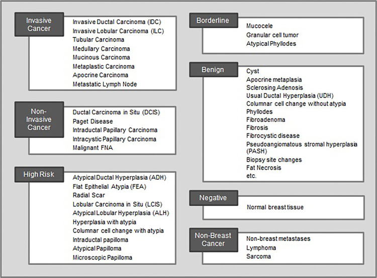 Taxonomy of the 56 most common breast pathologic findings at our institution grouped into seven categories by severity. Each pathology report was tagged with one or more diagnoses from this list. The benign category contains 23 diagnoses but is abbreviated in this figure. A full list is included in Table S1. FNA = fine-needle aspiration.