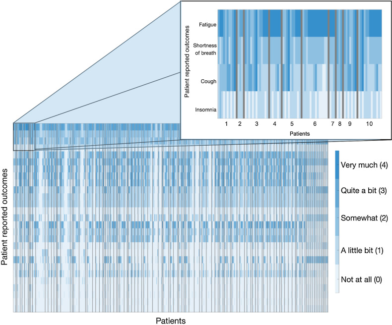 Figure 2. Study patient-reported outcomes. Individual symptoms are separated by rows and are ranked here in descending order of average severity experienced. Patient responses are based on Likert scale ranging from “not at all” (light blue) to “very much” (dark blue). Responses for individual patients are separated by black lines. Longitudinal responses are shown for each patient (left to right).