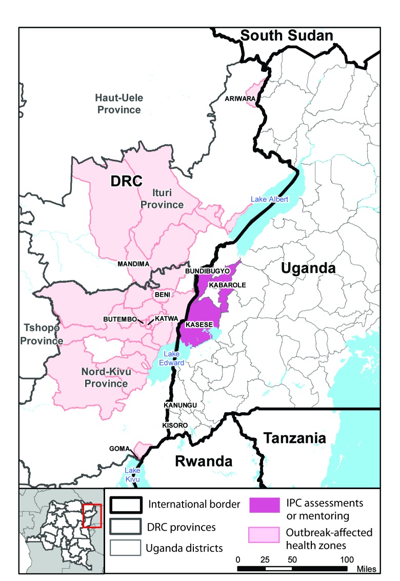 The figure is a map showing the location of Ebola virus disease outbreaks and frontline health care facilities conducting baseline infection prevention and control (IPC) assessments at the Democratic Republic of the Congo (DRC)–Uganda border region in 2018.