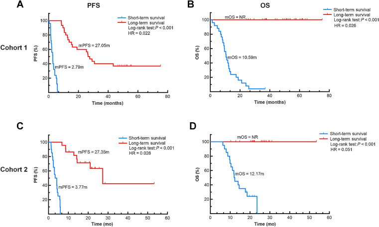 Figure 2. The progression-free survival (PFS) and overall survival (OS) in Cohorts 1 and 2. In Cohort 1, long-term survival patients have mPFS 27.05 months and mOS NR months, and short-term survival patients have mPFS 2.79 months and mOS 10.59 months (A and B). Among the patients in Cohort 2, long-term survival patients have mPFS 27.35 months and mOS NR months, and short-term survival patients have mPFS 3.77 months and mOS 12.17months (C and D).