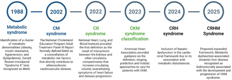 Timeline of syndromes from 1988 to 2025. In 1988, Metabolic syndrome was identified as a cluster of metabolic abnormalities. By 2002, it was formally defined by the National Cholesterol Education Program. In 2022, CR syndrome was defined by interactions between kidneys and circulatory compartments. In 2023, CKM syndrome classification was guided by the American Heart Association. In 2024, CRH syndrome included hepatic dysfunction in the cardio-renal framework. By 2025, CRHM syndrome recognized the association of liver disease with CKM syndrome development.