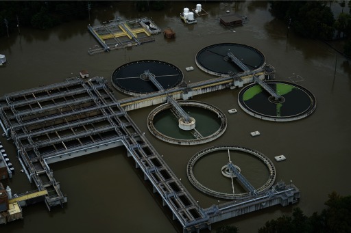 Aerial photograph of a wastewater treatment plant flooded after Hurricane Harvey