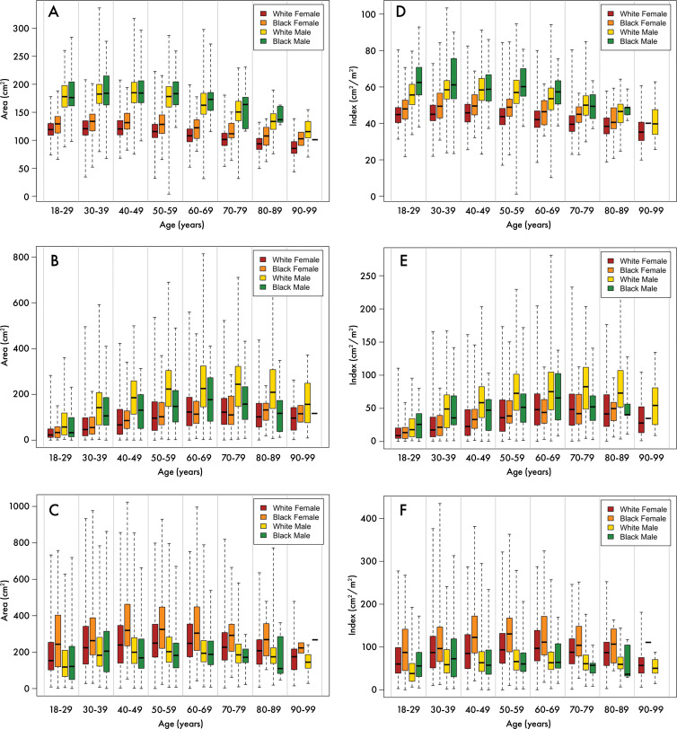 Distribution of body composition parameters according to race and sex. Box-and-whisker plots show, A, skeletal muscle area, B, visceral fat area, C, subcutaneous fat area, D, skeletal muscle index, E, visceral fat index, and, F, subcutaneous fat index in outpatient population in White non-Hispanic women (red), Black women (orange), White non-Hispanic men (yellow), and Black men (green). Line within box represents the median, box represents interquartile range, and dashed lines represent maximum and minimum values in our population.