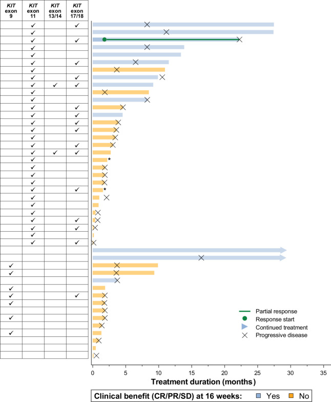 Figure 1. Clinical response by duration of treatment. *Patient was discontinued per FDA request.