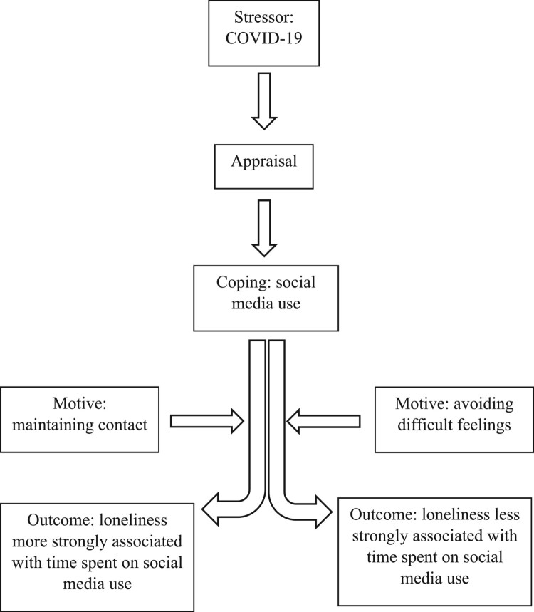 The figure shows how the stress, appraisal and coping model may be applied to the study results. The association between time spent on social media and loneliness was stronger for participants motivated by a desire to maintain contact, and weaker for participants motivated by a desire to avoid difficult feelings.