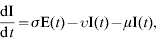 {{{\rm dI}} \over {{\rm d}t}} \equals \sigma {\rm E}\lpar t\rpar \minus \upsilon {\rm I}\lpar t\rpar \minus \mu {\rm I}\lpar t\rpar \comma