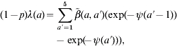 \eqalign {\lpar 1 \minus p\rpar \lambda \lpar a\rpar \equals \tab \sum\limits_{a \hskip .5\prime \equals \setnum{1}}^{\setnum{5}} \tilde{\beta }\lpar a\comma a \hskip .5{\prime} \rpar \lpar {\rm exp} \lpar \!\minus \psi \lpar a \hskip .5\prime \minus 1\rpar \rpar \cr \tab \minus \exp \! \lpar\! \! \minus \psi \lpar a \hskip .5\prime \rpar \rpar \rpar \comma } \hfill