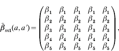 \tilde{\beta }_{m\setnum{1}} \lpar a\comma a \hskip .5 \prime \rpar \equals \left( {\matrix{ {\beta _{\setnum{1}} } \tab {\beta _{\setnum{1}} } \tab {\beta _{\setnum{1}} } \tab {\beta _{\setnum{1}} } \tab {\beta _{\setnum{1}} } \cr {\beta _{\setnum{2}} } \tab {\beta _{\setnum{2}} } \tab {\beta _{\setnum{2}} } \tab {\beta _{\setnum{2}} } \tab {\beta _{\setnum{2}} } \cr {\beta _{\setnum{3}} } \tab {\beta _{\setnum{3}} } \tab {\beta _{\setnum{3}} } \tab {\beta _{\setnum{3}} } \tab {\beta _{\setnum{3}} } \cr {\beta _{\setnum{4}} } \tab {\beta _{\setnum{4}} } \tab {\beta _{\setnum{4}} } \tab {\beta _{\setnum{4}} } \tab {\beta _{\setnum{4}} } \cr {\beta _{\setnum{5}} } \tab {\beta _{\setnum{5}} } \tab {\beta _{\setnum{5}} } \tab {\beta _{\setnum{5}} } \tab {\beta _{\setnum{5}} } \cr } } \right)\comma