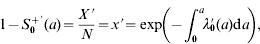 1 \minus S_{\setnum{0}}^{ \plus \prime} \lpar a\rpar \equals {{X \hskip 1pt\prime} \over N} \equals x \prime \equals \exp \! \left( \!{ \minus \! \int_{\setnum{0}}^{a} \! \! {\lambda _{\setnum{0}}\hskip -4 {\prime }\hskip 2 \lpar a\rpar } {\rm d}a} \! \right)\comma\hfill