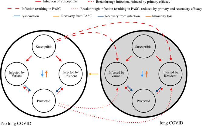 A compartmental model linking PASC to transmission dynamics.