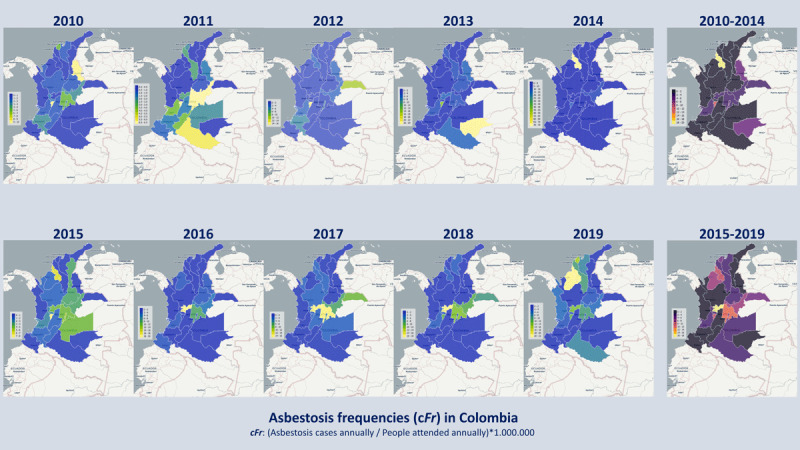 Asbestosis annually rates, choropleth maps