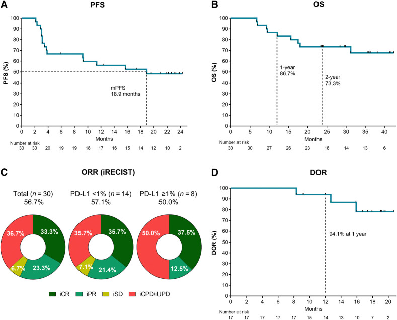 Figure 1. Efficacy read-out. Kaplan–Meier plots of (A) progression-free survival (iPFS) and (B) OS in all patients (N = 30). C, Donut plot showing the ORRs in the total population (N = 30) and subgroups according to tumor biopsy PD-L1 positivity. D, Kaplan–Meier plot showing the DOR (n = 17).