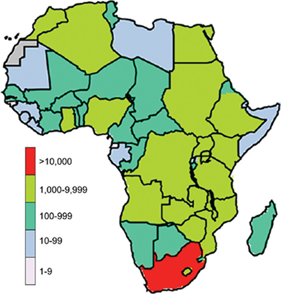 Map of Africa with death rates from fine particulate matter in 2030